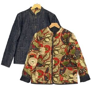 Chicos Womens Jacket 1 M Colorful Quilted Floral Reversible Denim Boho Country